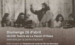 Cartell de la Jornada Passionarium 2026. S'hi veu el títol i demés informació de l'acte damunt d'una fotografia antiga de fons que es correspon a una representació del Sant Sopar al teatre principal a finals del segle XIX. A sobre, en transparència, una partitura a títol decoratiu